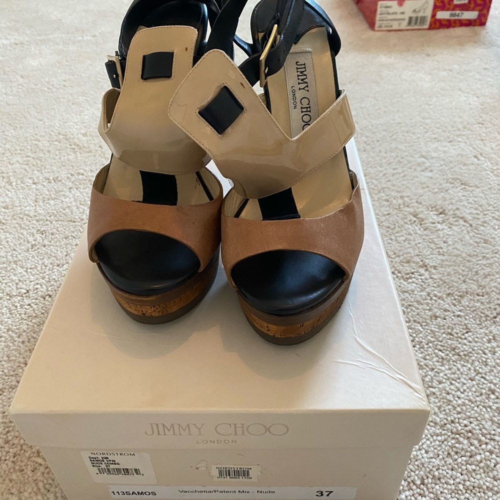 Jimmy Choo black with beige patent leather heels